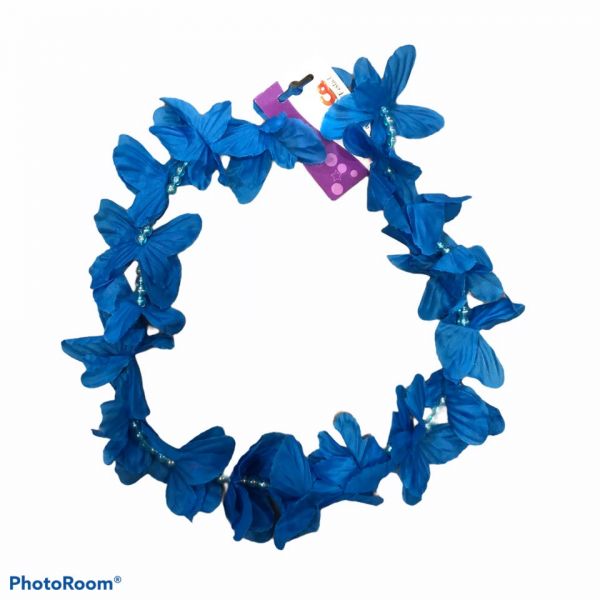 Collana di fiori hawaiana con perline blu 100 cm