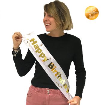 Fascia "Happy Birthday" bianca e oro metal 200 cm