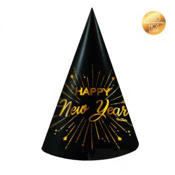 6 Cappellini in cartoncino nero e oro Happy New Year