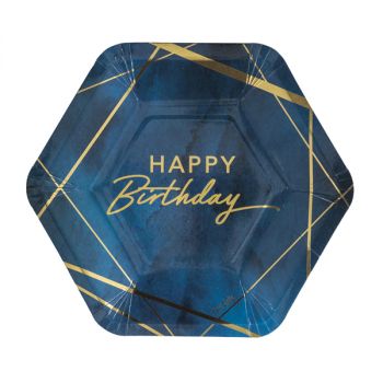 8 Piatti esagonali Happy Birthday blu 23 cm