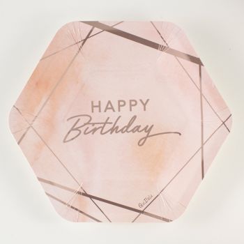 8 piatti esagonali Happy Birthday rosa 23 cm