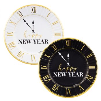 8 Piatti Happy New Year Clock 2 colori 23 Cm