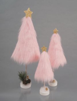 Albero in poliestere rosa conico con pelo e stella oro 32 cm