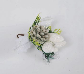 Pick Bianco Glitter Con pigna Bacche E Foglie Verdi 18 cm