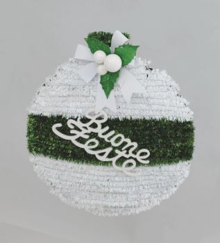 Sfera In Pvc Con scritta Buone Feste Filo Bianco e Verde 40 cm