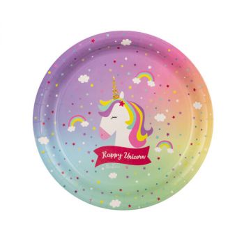 Piatto in cartoncino ecologico happy unicorno 23 cm 8 pezzi